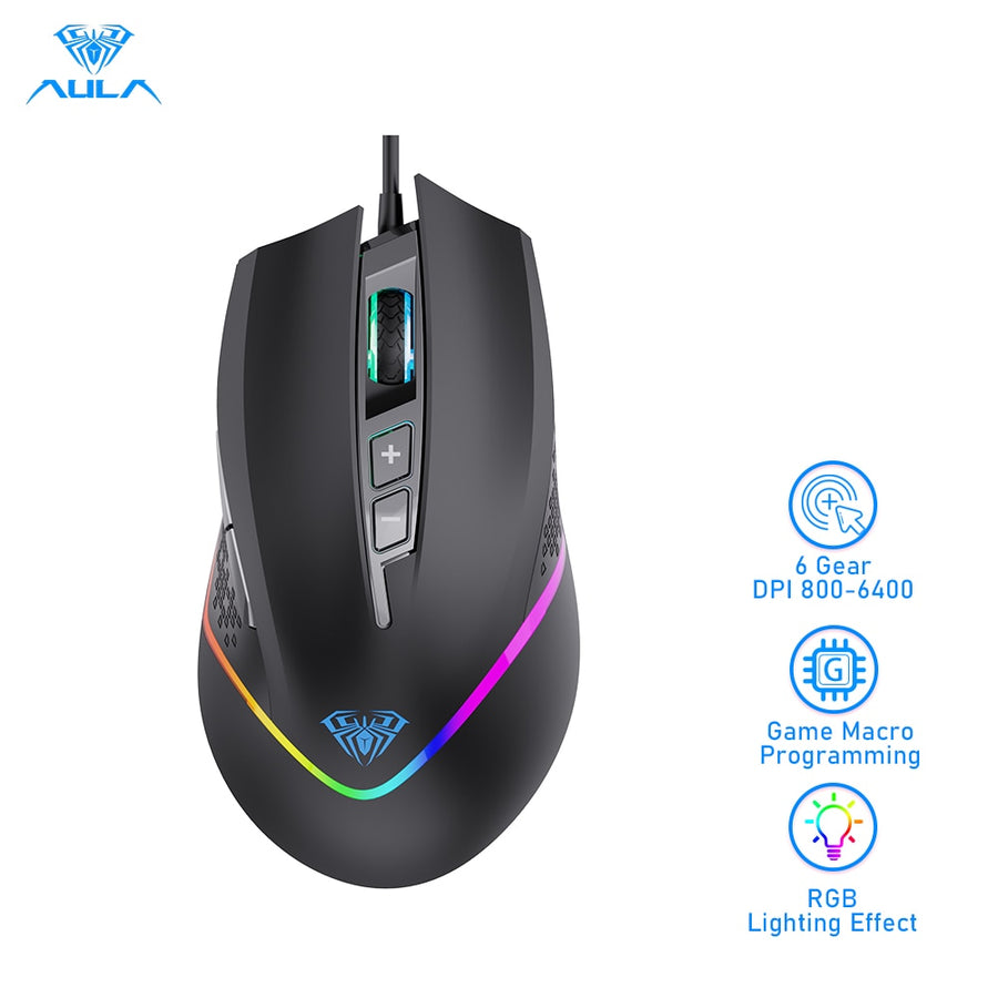AULA F805 RGB Gaming Mouse 6400DPI Wired Backlit USB Computer Mouse Gamer 7 Programmable Buttons Ergonomic for Laptop Desktop