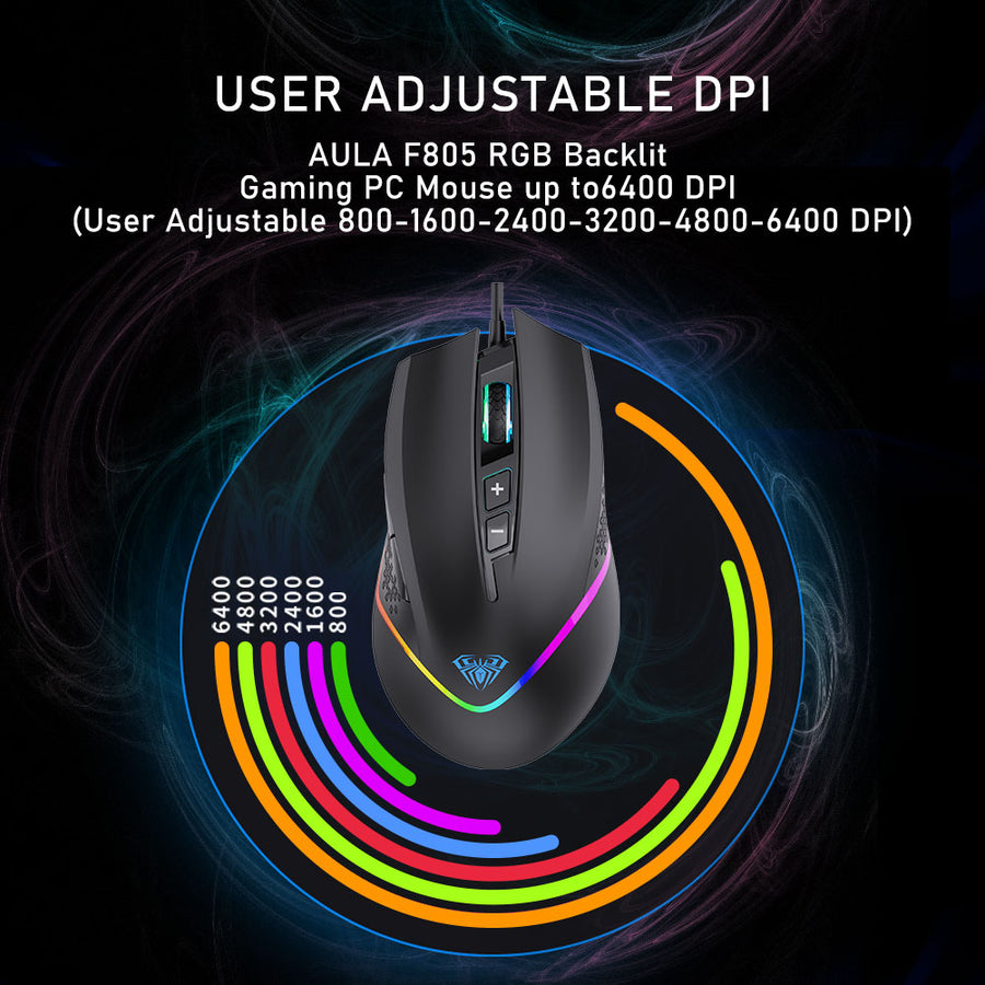AULA F805 RGB Gaming Mouse 6400DPI Wired Backlit USB Computer Mouse Gamer 7 Programmable Buttons Ergonomic for Laptop Desktop