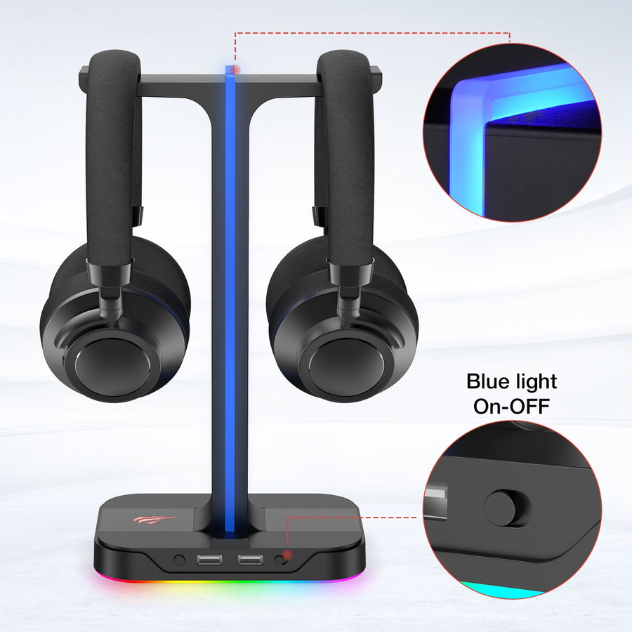 Havit Headset Holder RGB Gamer Headphone Stand with 2 USB Charger Ports for PC Display Support Desk Dual Hanger White & Black