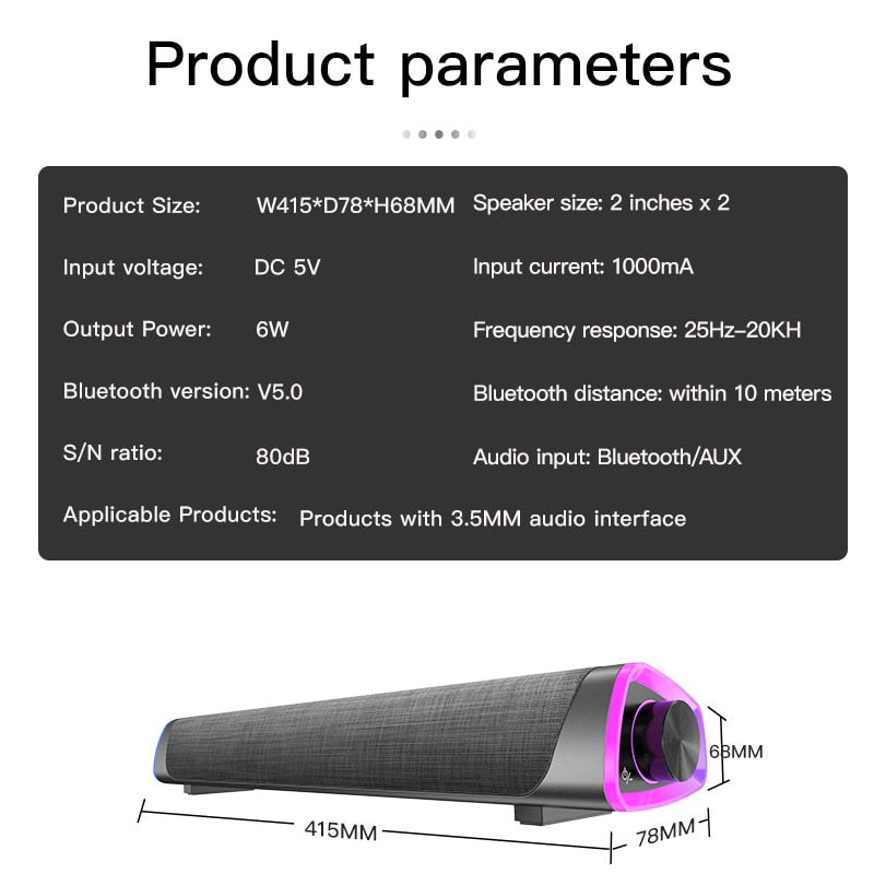 3D Surround Soundbar Bluetooth 5.0 Speaker Wired Computer Speakers Stereo Subwoofer Sound bar for Laptop PC Theater TV Aux 3.5mm