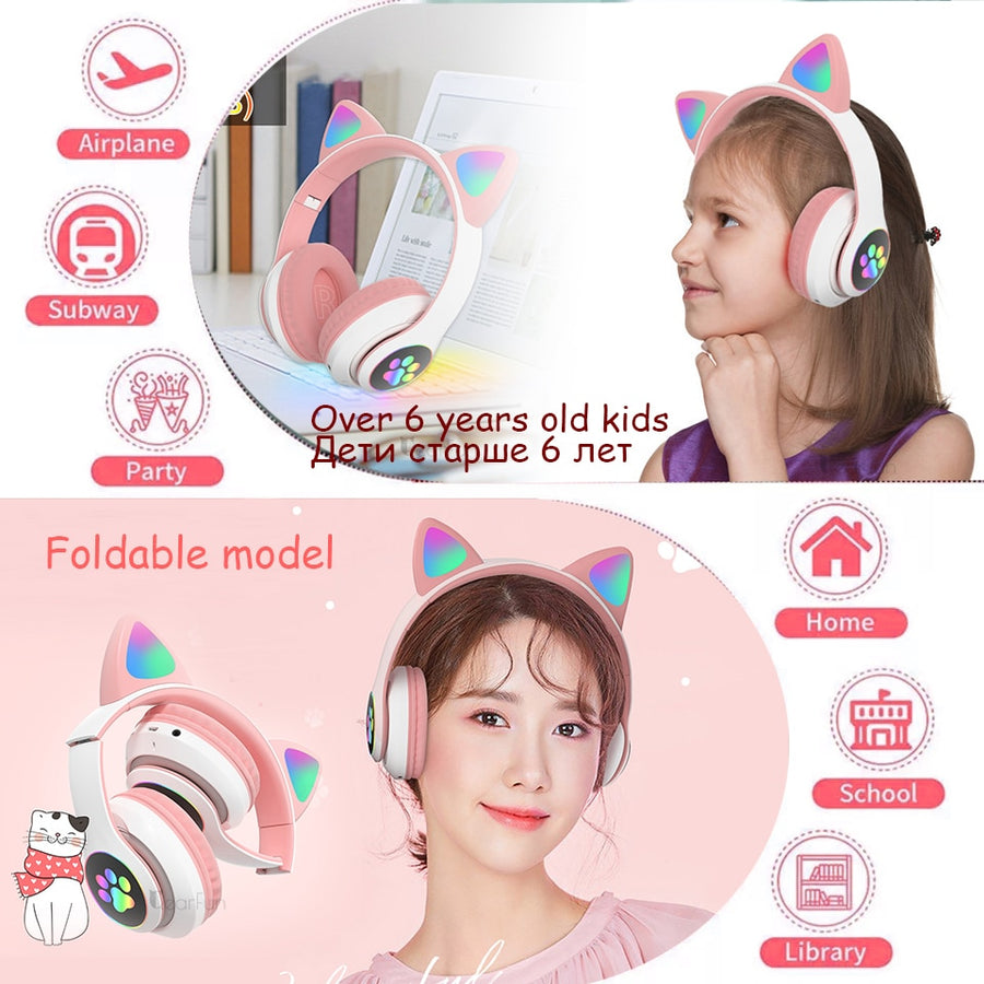 Flash Light Cute Cat Ear Headphones Wireless with Mic Can close LED Kids Girls Stereo Phone Music Bluetooth Headset Gamer Gift